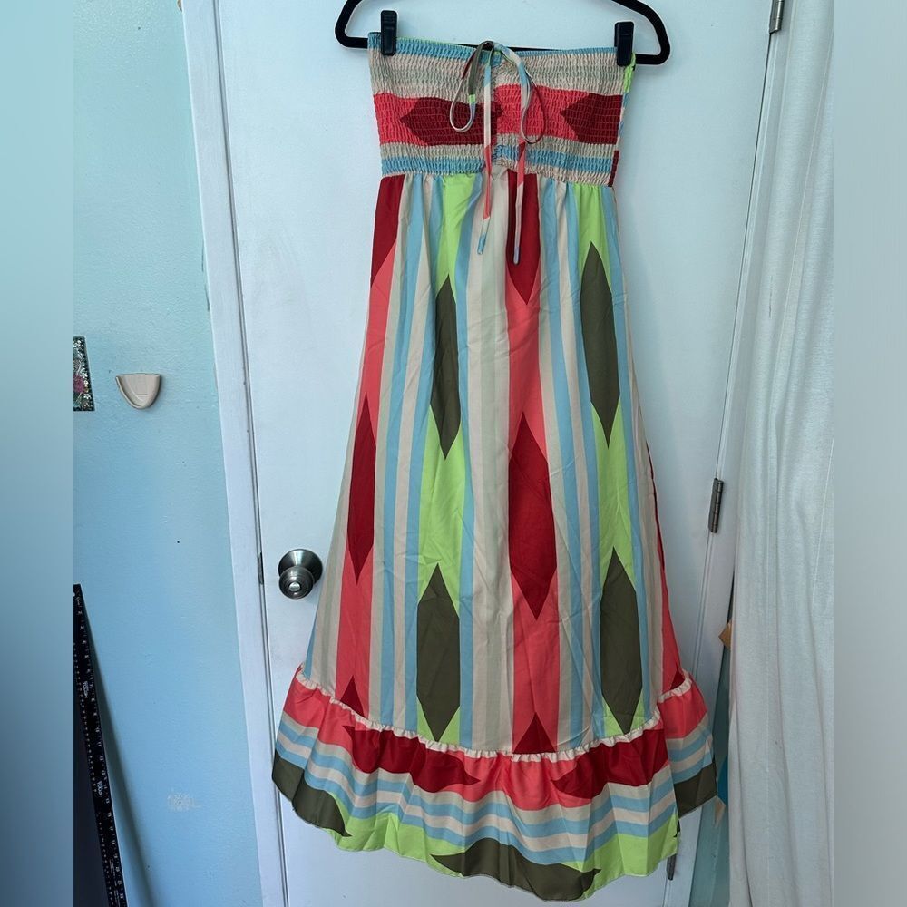 Women's Summer Geometric Print Bandeau Dress With Front Tie - Picture 3 of 6